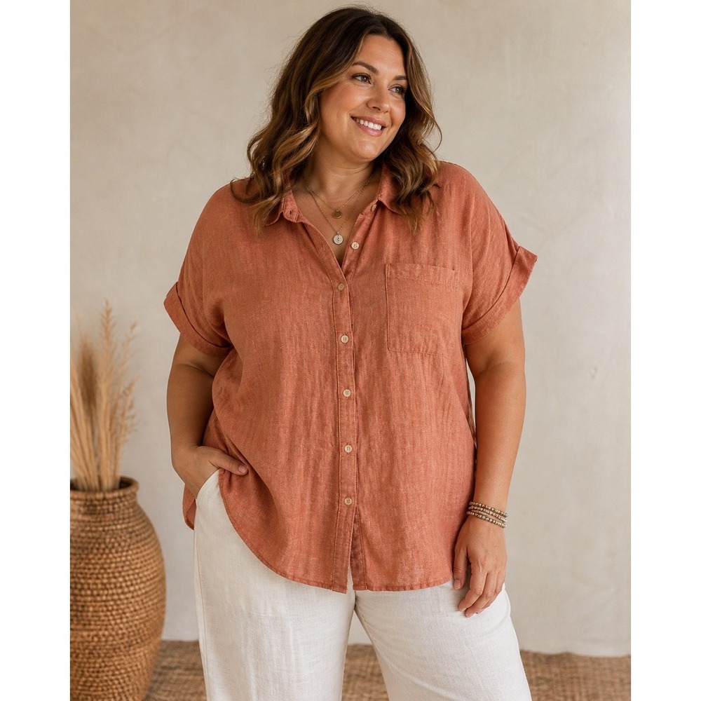 Euro Boho Linen Rayon Button Down Shirt Coastal Summer Lagenlook Relaxed SZ‎ 1X